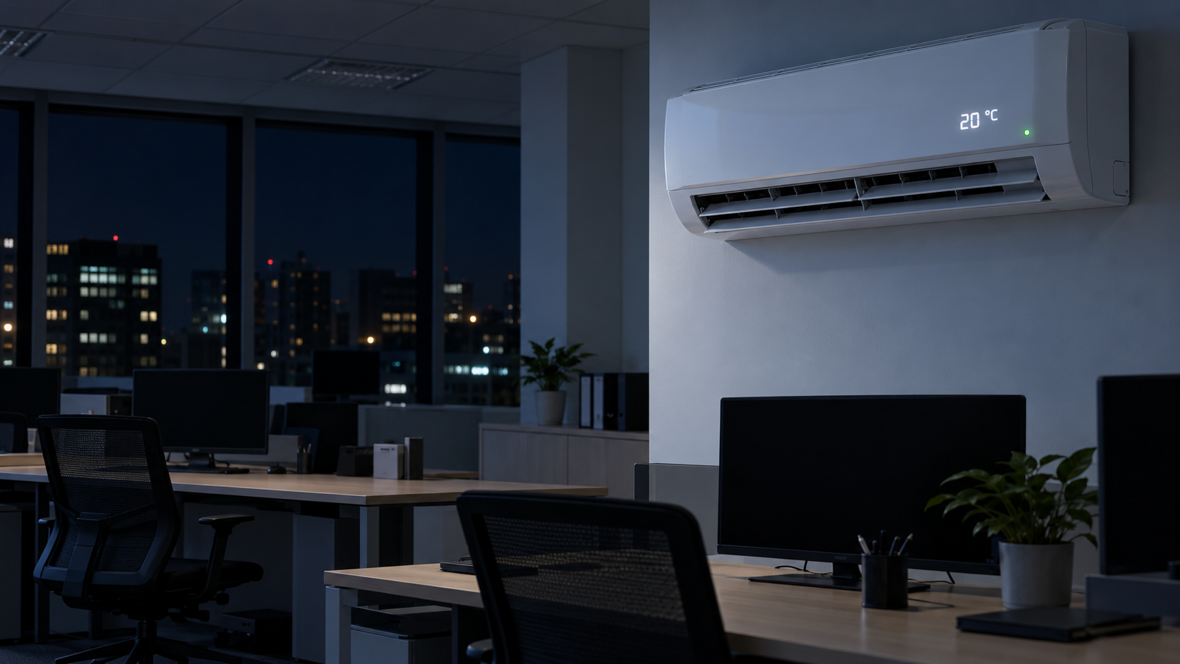 Climatización encendida en una oficina vacía · Imagen ilustrativa